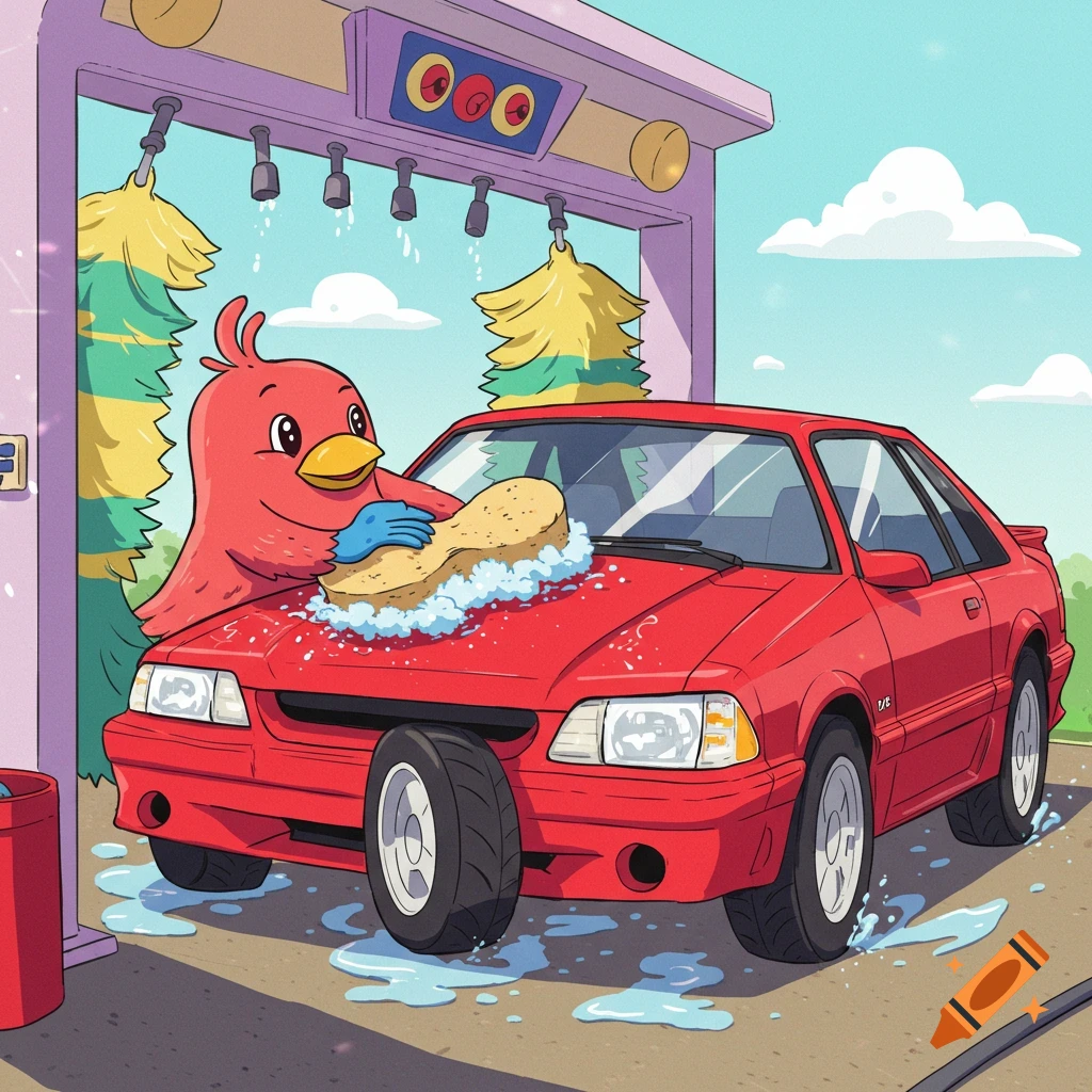 A cartoon red bird washes a red car at a car wash.