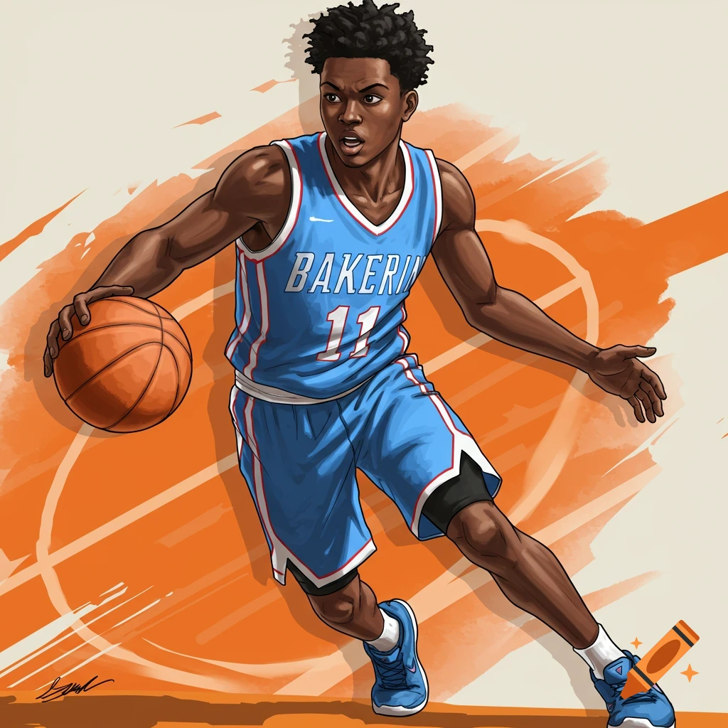 Image of a basketball player dribbling in a blue jersey