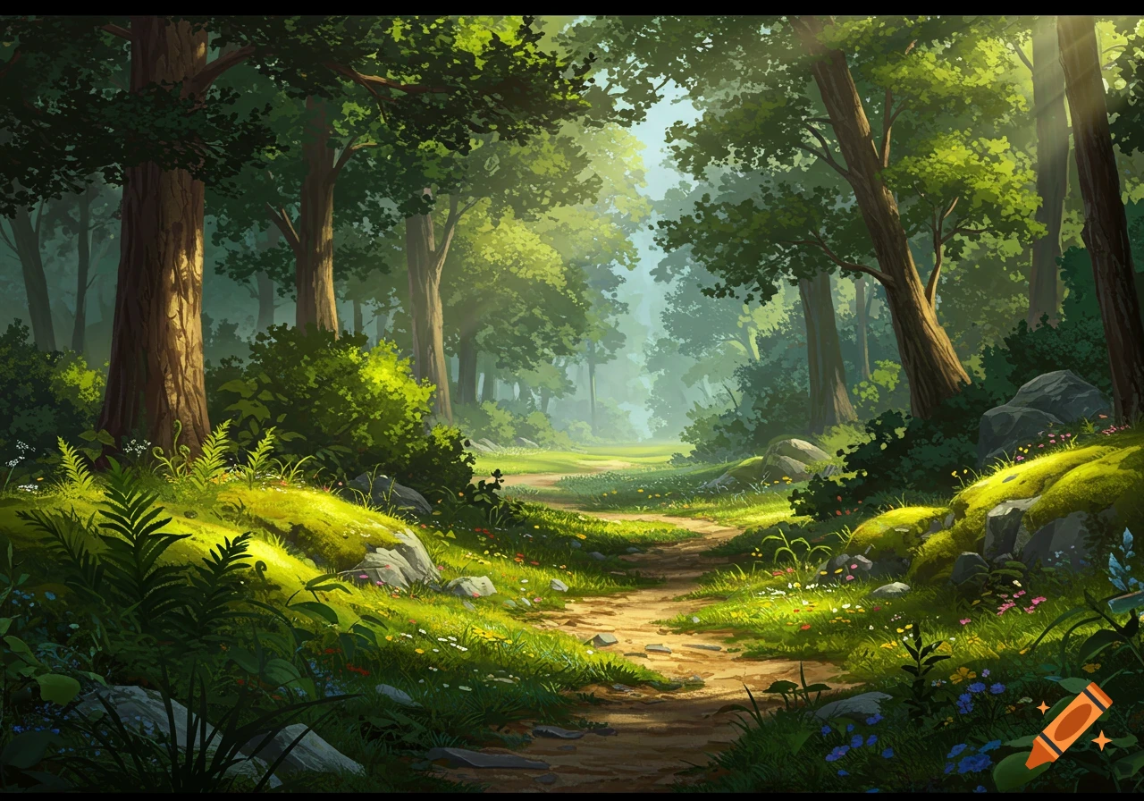 A dirt path winds through a sunlit forest clearing.