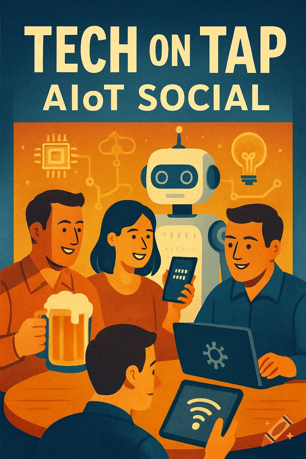 Illustration of people and a robot with tech devices at a table under the text 'TECH ON TAP AIoT SOCIAL'.