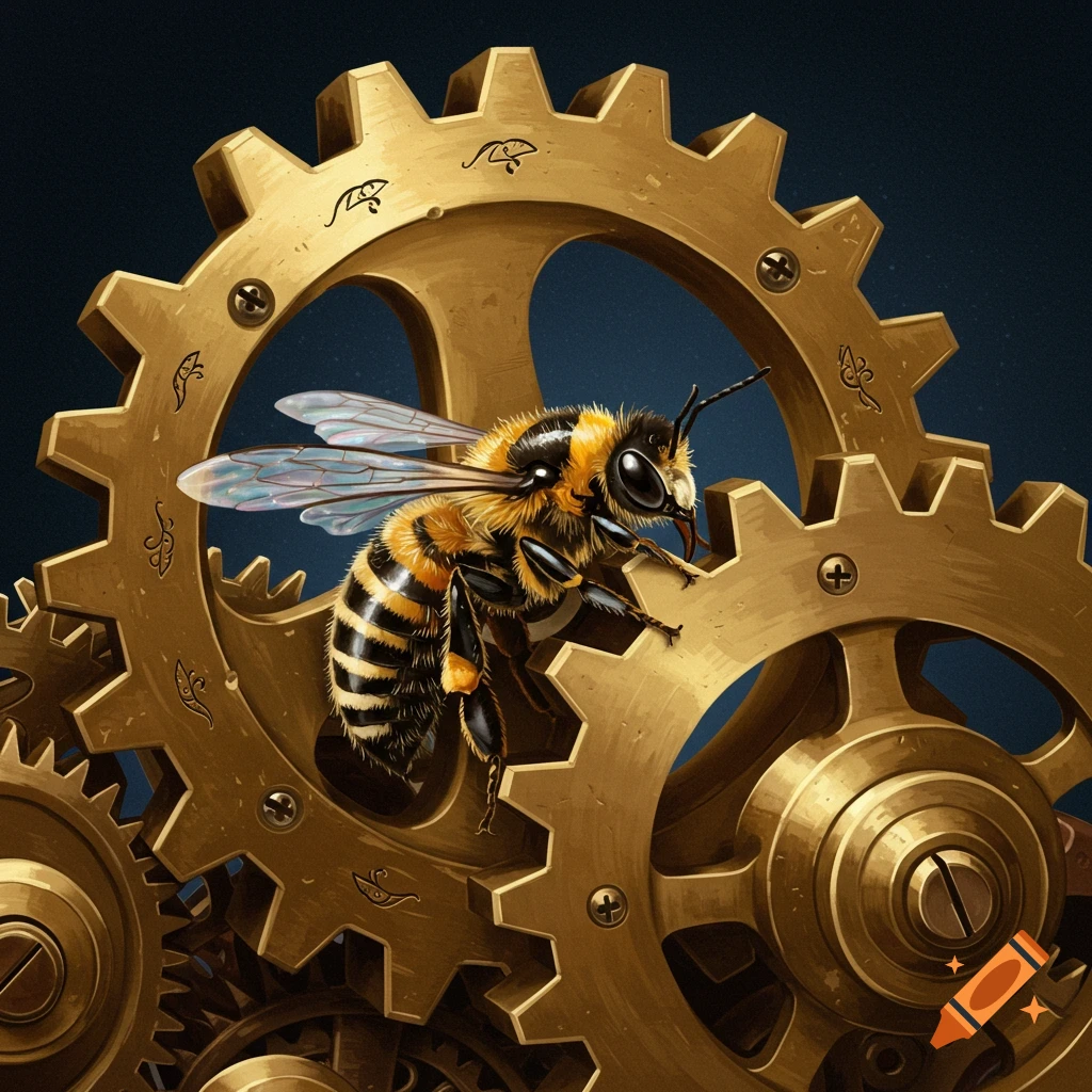 A bee sitting on a large brass gear