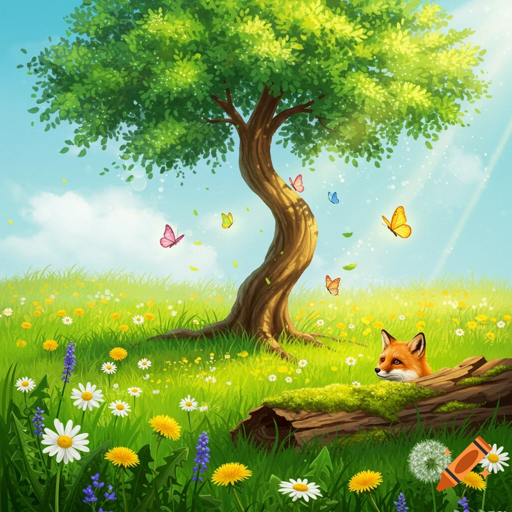A fox peering from behind a log in a sunny meadow with a tree, flowers, and butterflies.