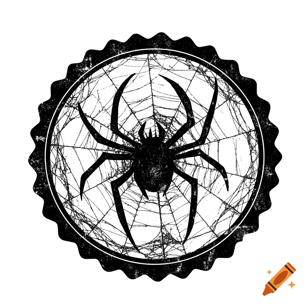 Black illustration of a spider in a web within a circular distressed stamp border.