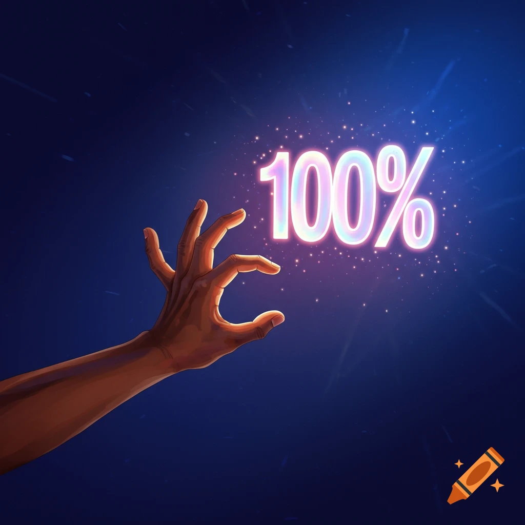 A hand reaches towards a glowing, shimmering '100%' symbol against a dark blue background with sparkles. Digital art.