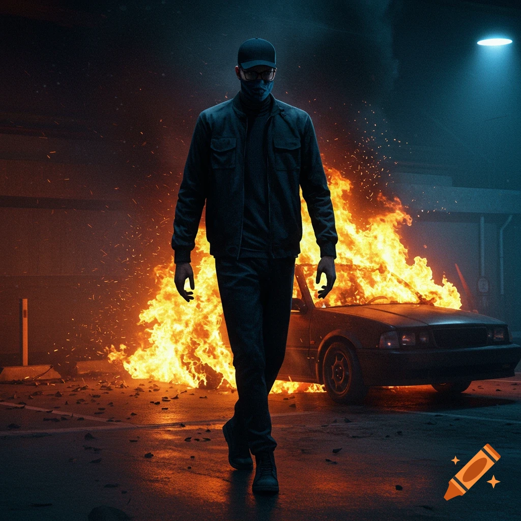 Person walks away from a burning car in a parking lot at night, digital art style.