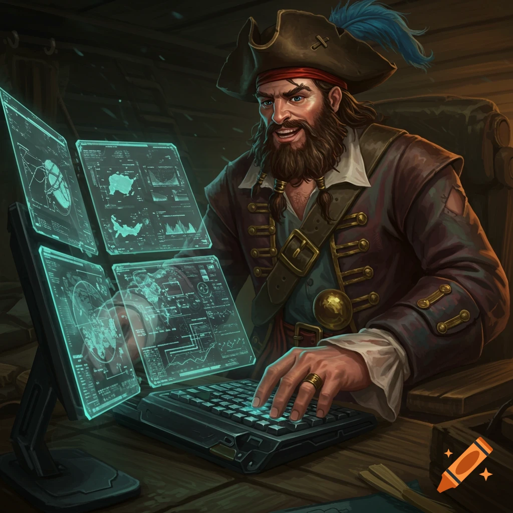 A pirate is looking at multiple computer screens while typing on a keyboard.