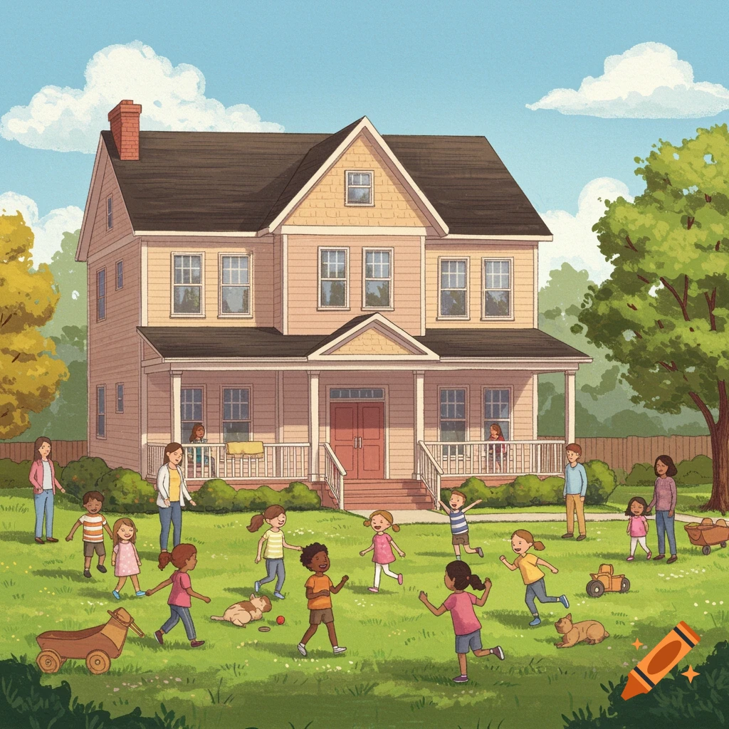 Children play with adults on a lawn outside a house in a children's book illustration style.