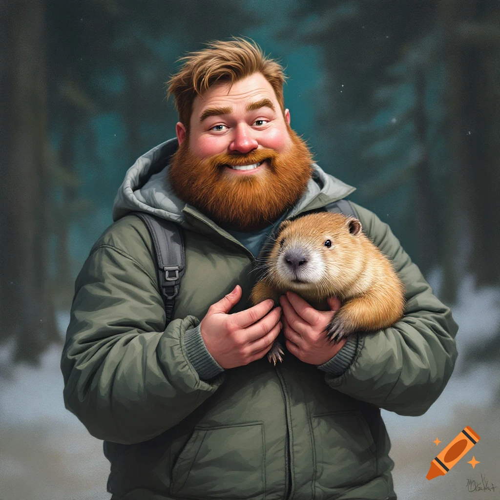 Man with a beard holding a small furry animal in a forest