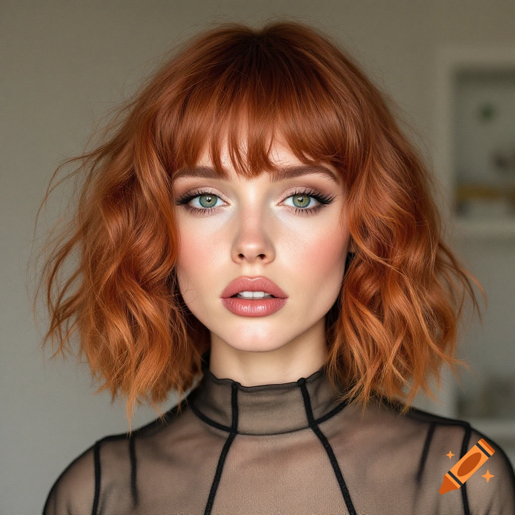 Close-up portrait of a young woman with short red hair and green eyes wearing a sheer black top.