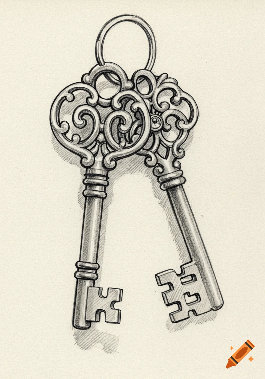 Pencil sketch of two antique ornate keys.