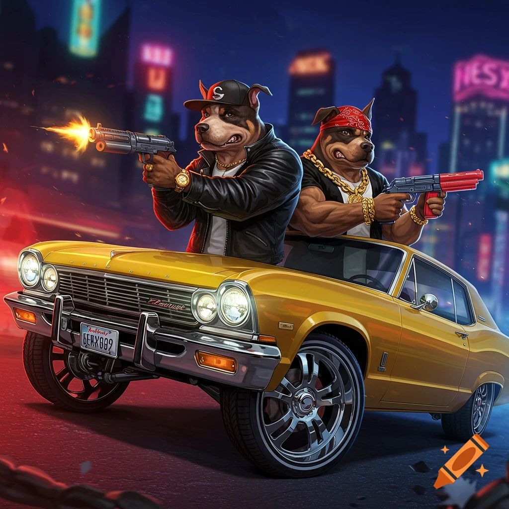 Image of two anthropomorphic gangster dogs shooting from a yellow car on a city street at night.