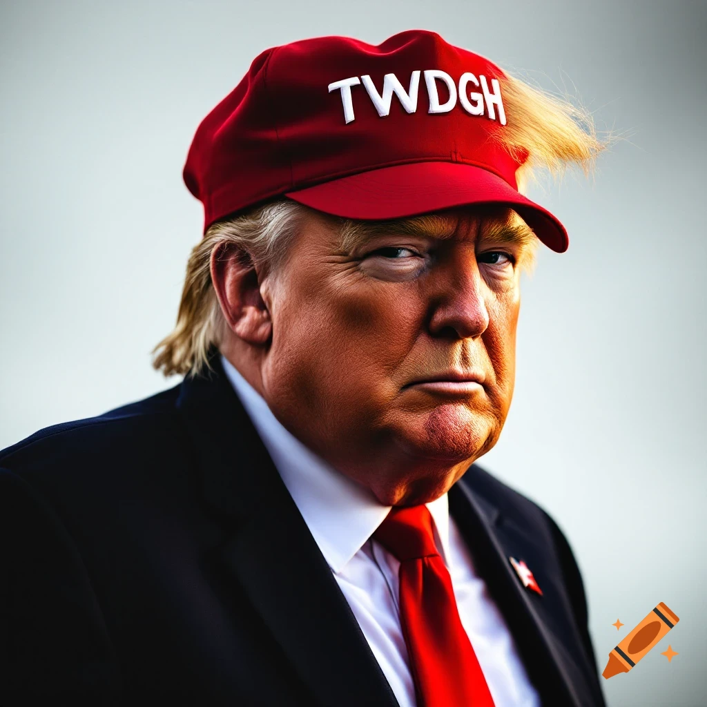 A portrait of Donald Trump wearing a red hat with the text 'TWDGH' on it.