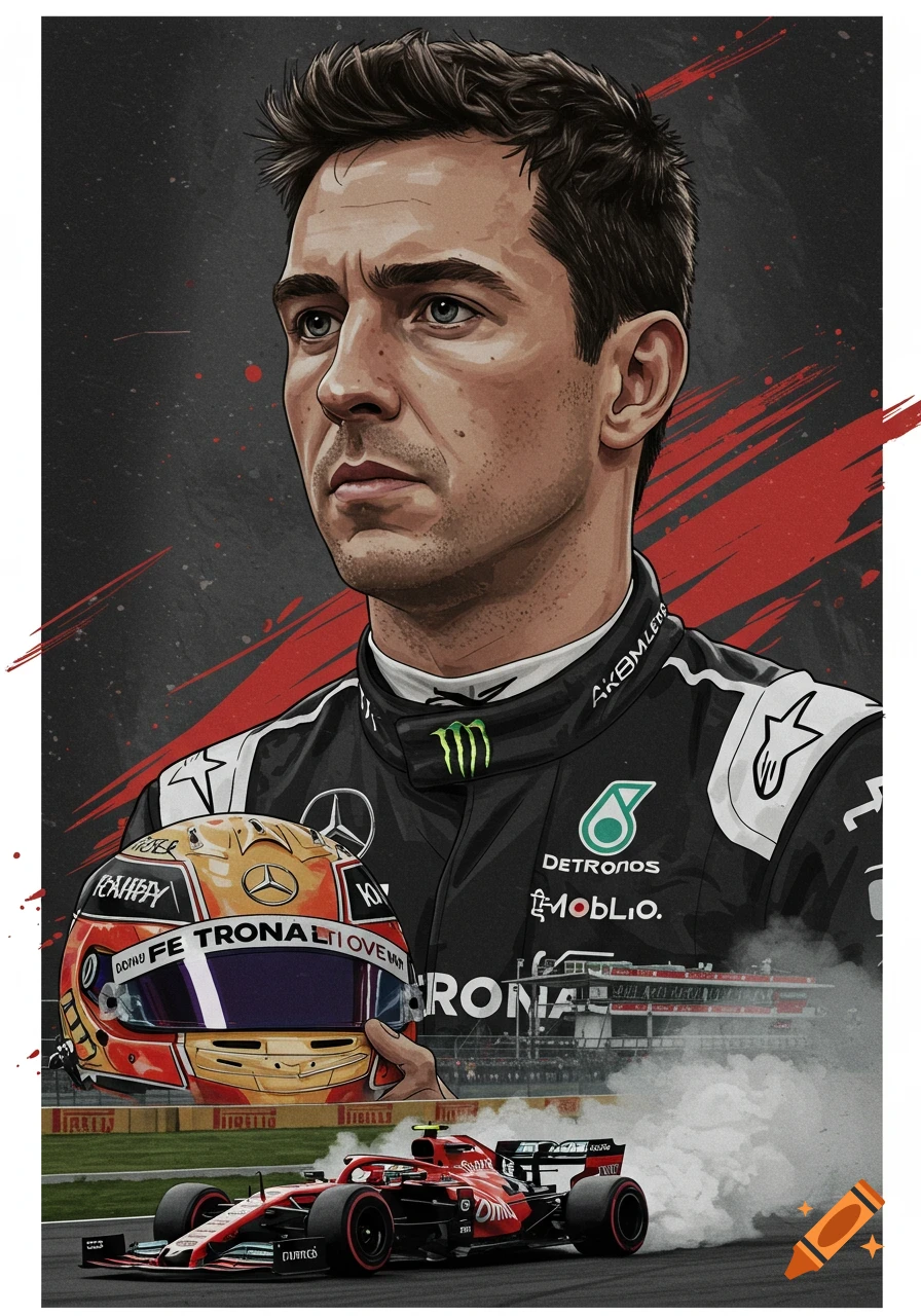 An F1 driver portrait holding a helmet with a race car on track in the background.