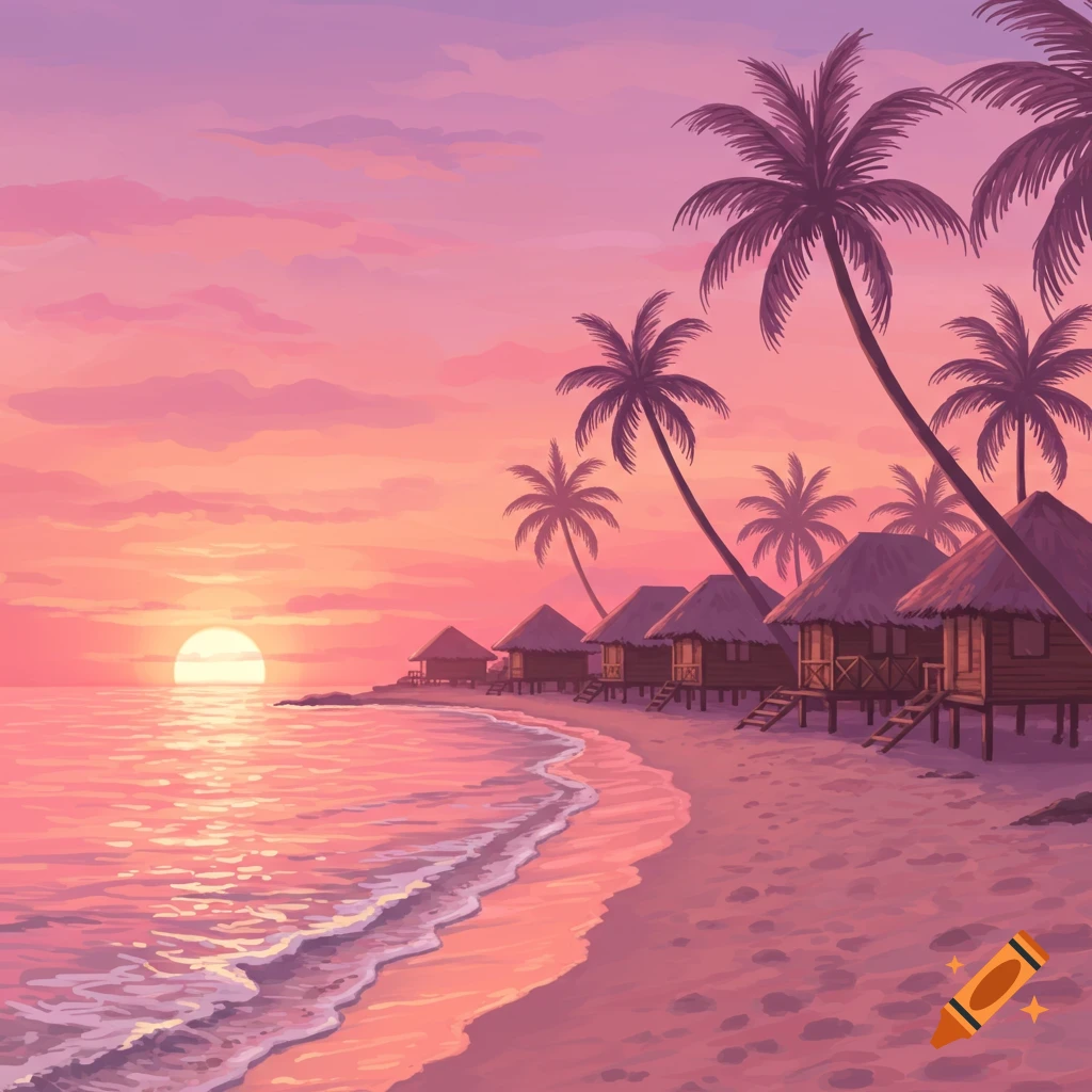 A beach at sunset with cabins and palm trees, featuring a pink sky.