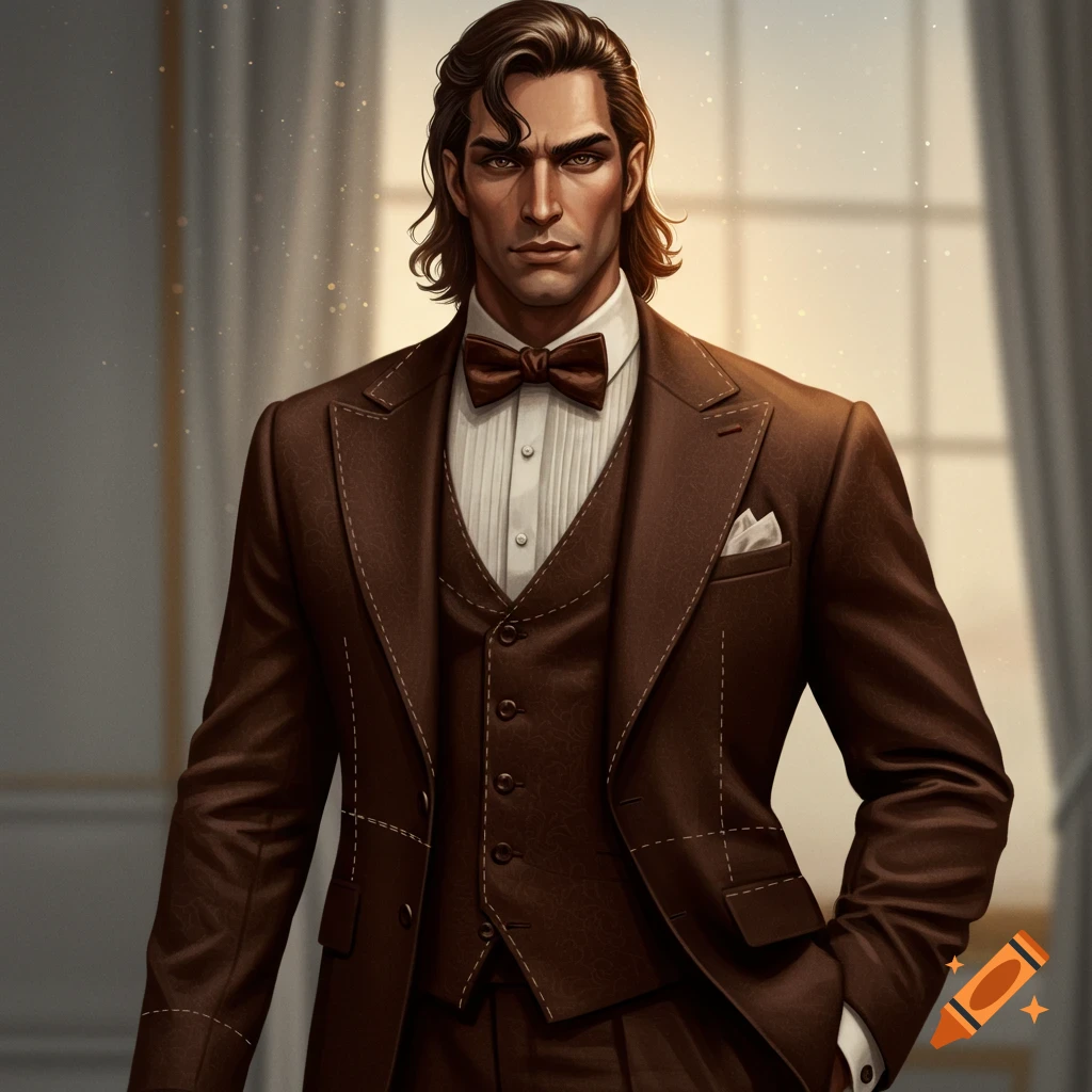 A man with long dark hair wearing a brown suit and bowtie.