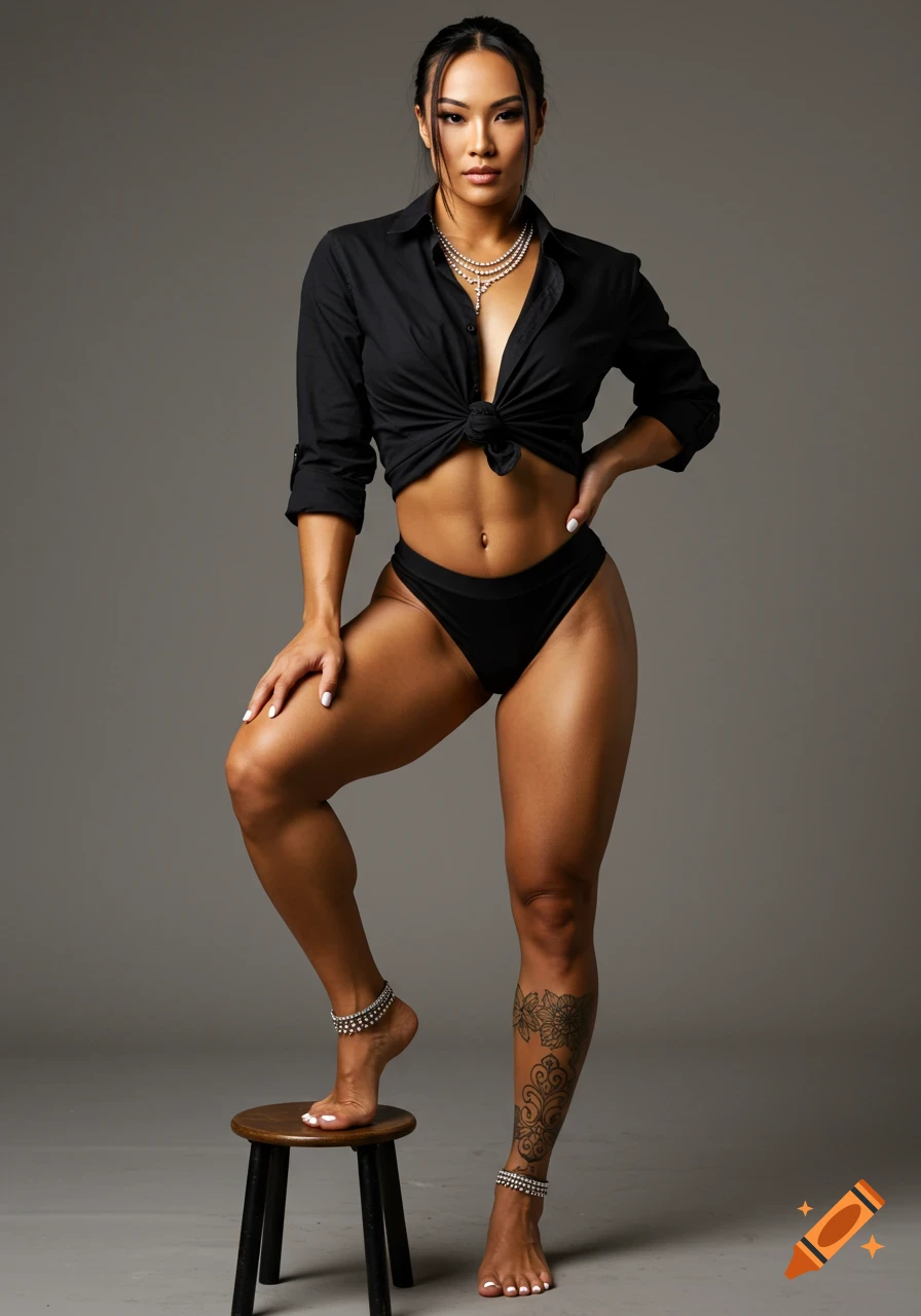 Female model in black tied shirt and black high-waisted underwear standing with foot on stool in studio.