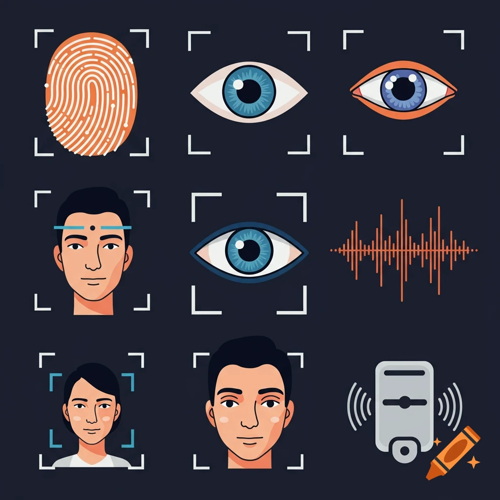 Clip art illustration of biometric identification methods including fingerprint, eye scan, face recognition, voice print, and a scanner.