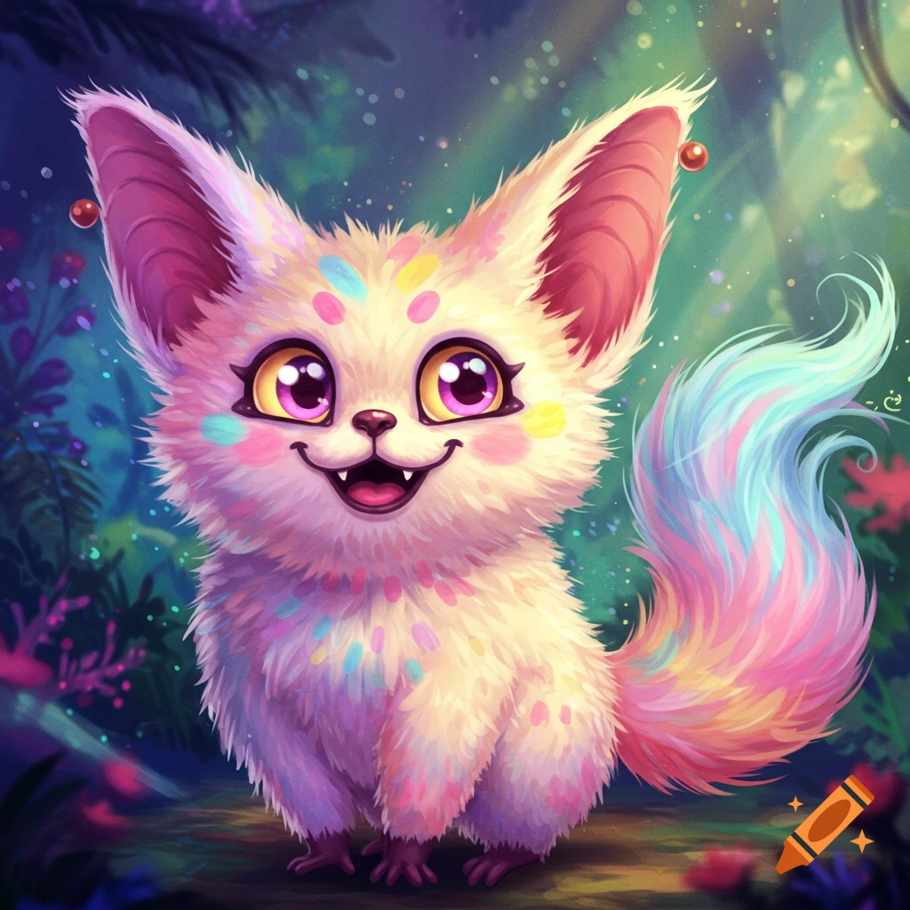 A cute, furry fantasy creature with large ears and colorful spots sits in a forest.