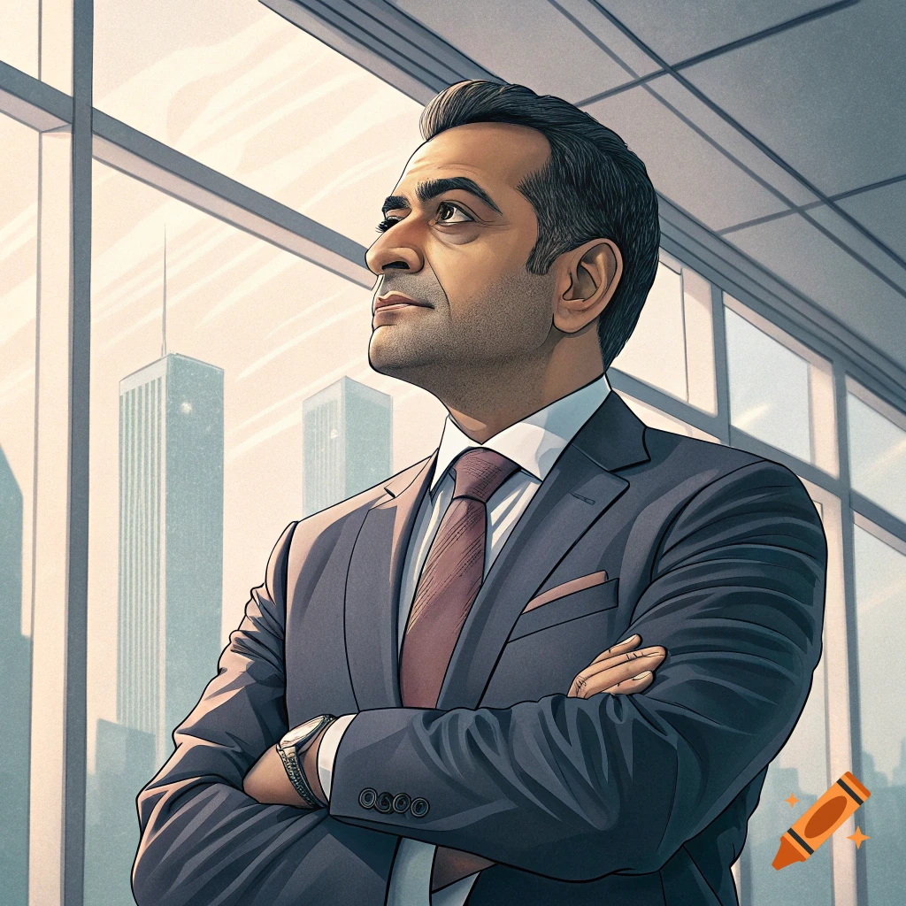 Man in suit looks out office window at city buildings, illustrative style