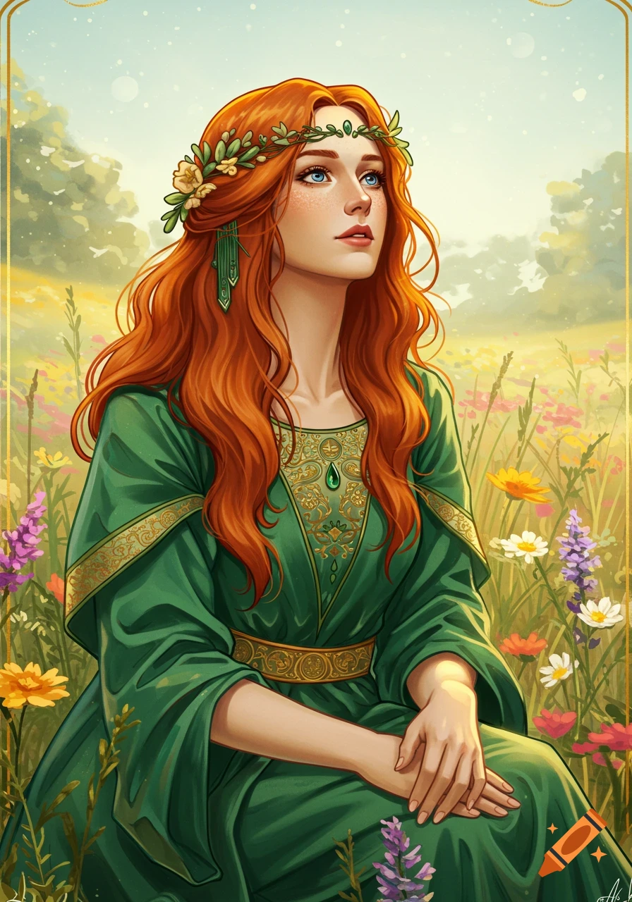 A red-haired woman with blue eyes, wearing a green dress and flower crown, sits in a field of flowers.