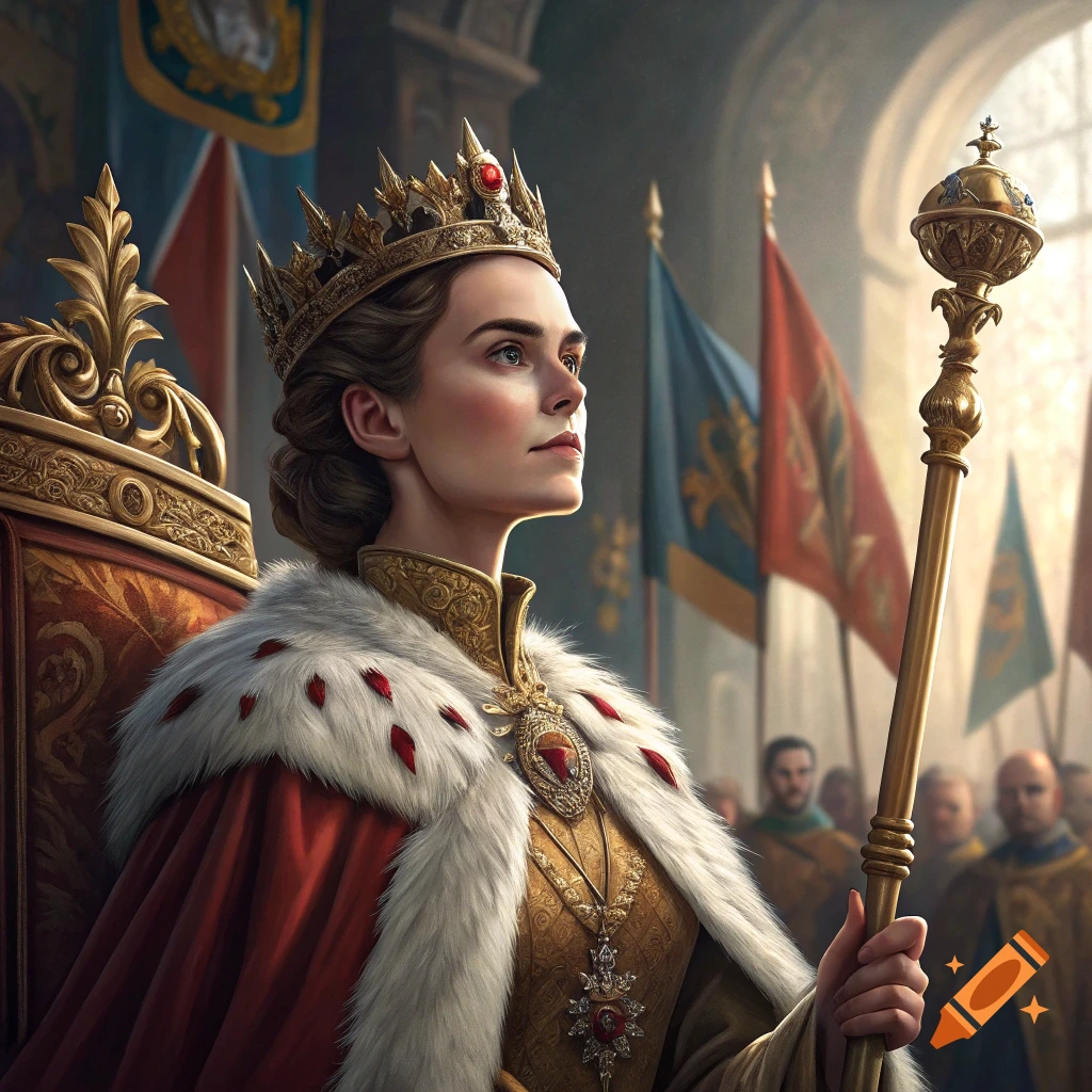 A woman wearing a crown and royal robe sits on a throne, holding a sceptre, looking upward in a grand hall.