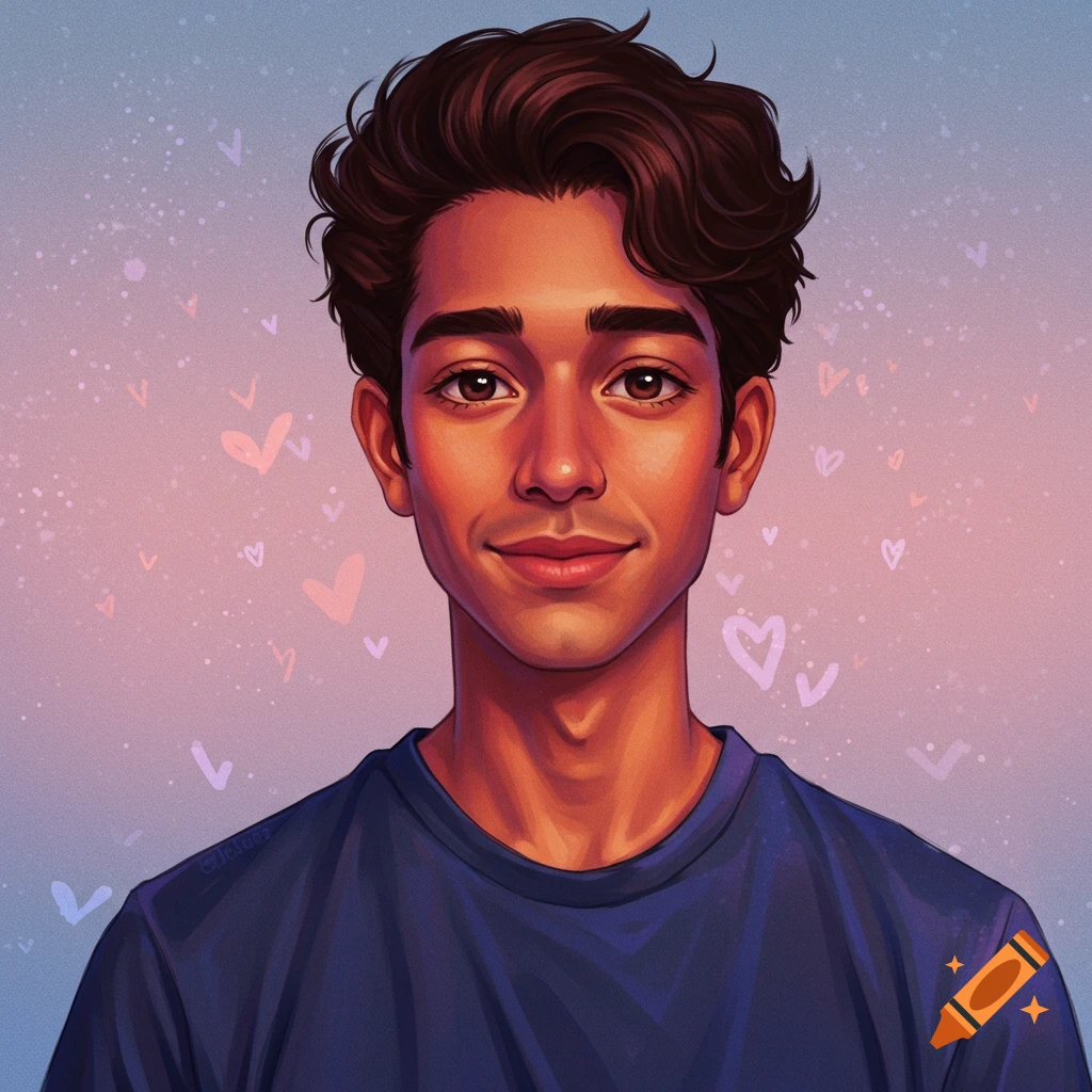 A smiling young man with brown hair and a blue shirt, with a pastel background and hearts.