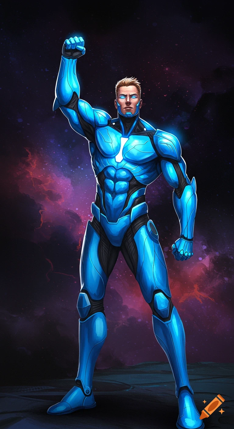 A man in blue futuristic armor with a raised fist against a cosmic background.
