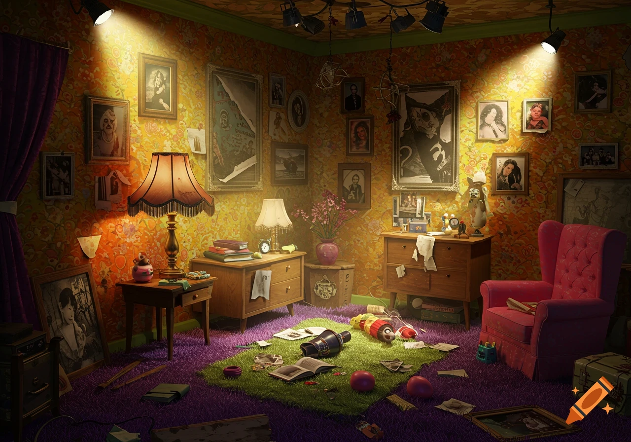 A detailed depiction of a messy room with colorful wallpaper, purple carpet, furniture, lamps, and pictures.