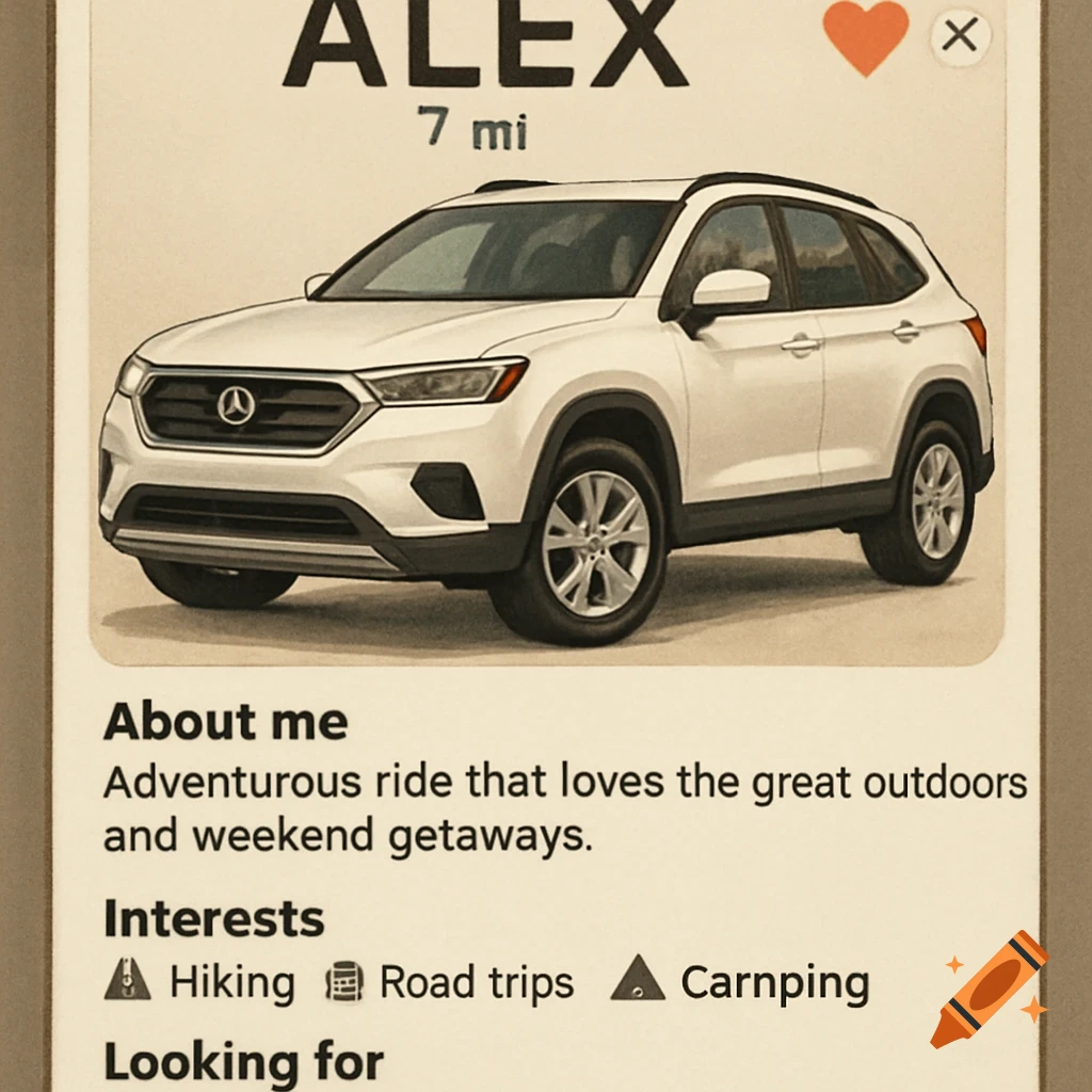 A dating profile for a white SUV named Alex, showing interests like Hiking, Road trips, and Carnping.