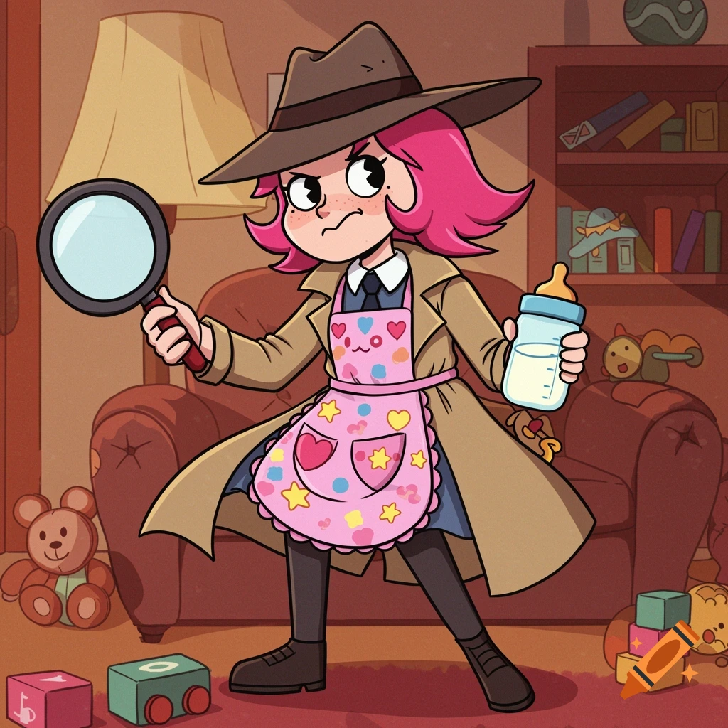 Cartoon illustration of a girl detective in a trench coat and pink apron, holding a magnifying glass and baby bottle in a toy-filled room.