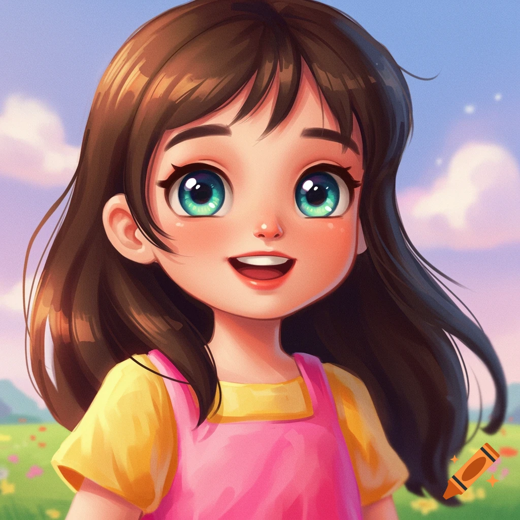 A young girl with large eyes and a smile wears a pink and yellow dress.