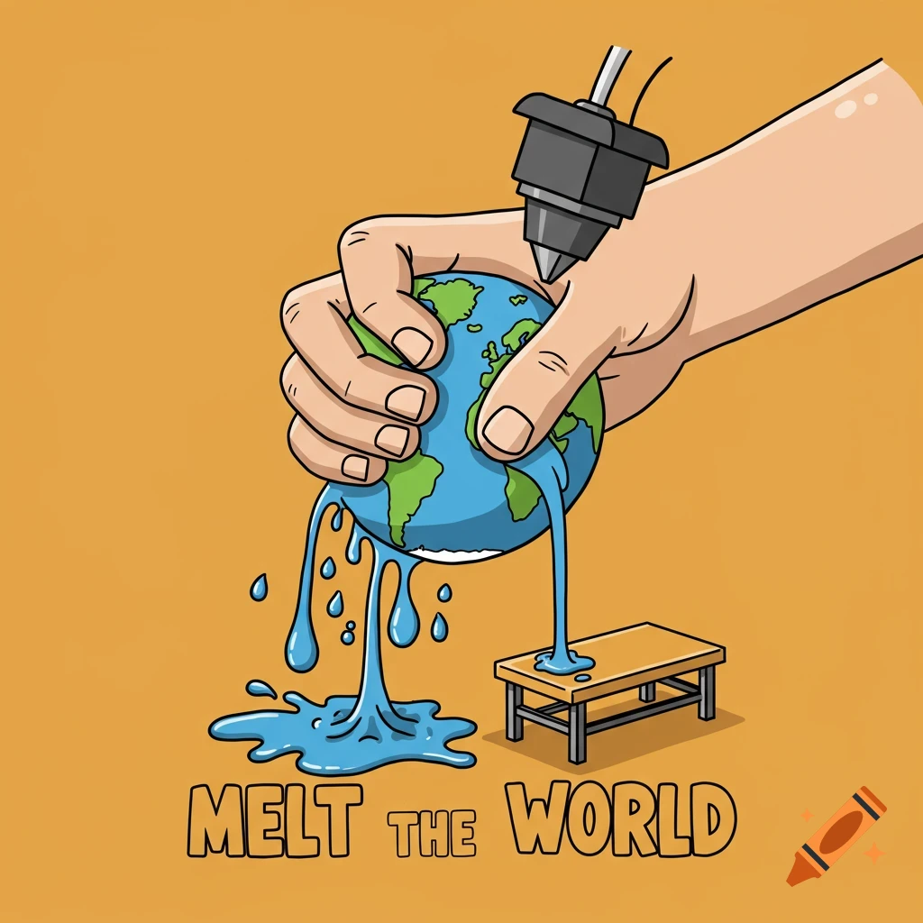 Cartoon hand squeezes a melting Earth with text 'MELT THE WORLD' below