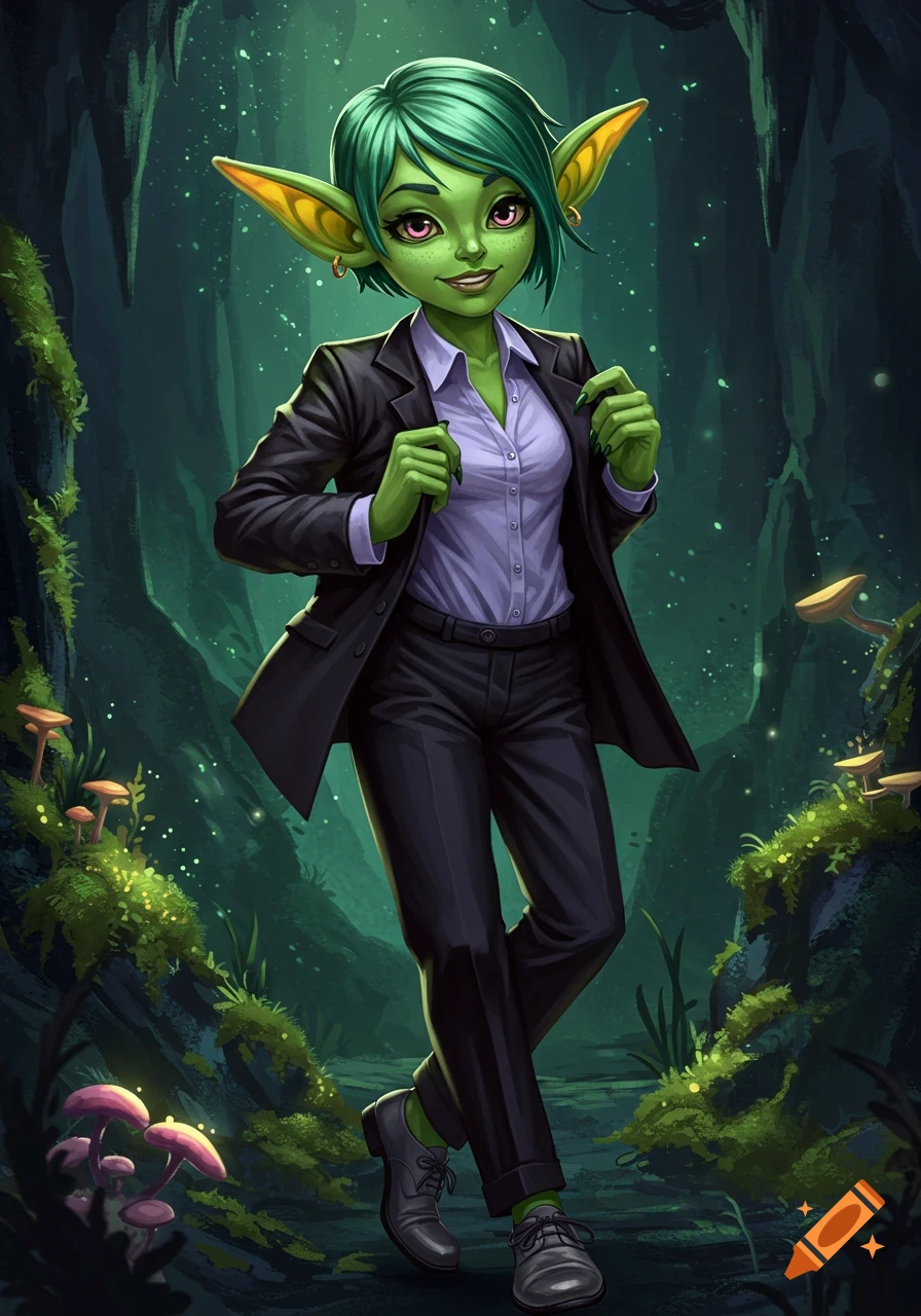 A female goblin wearing a suit in a fantasy forest.