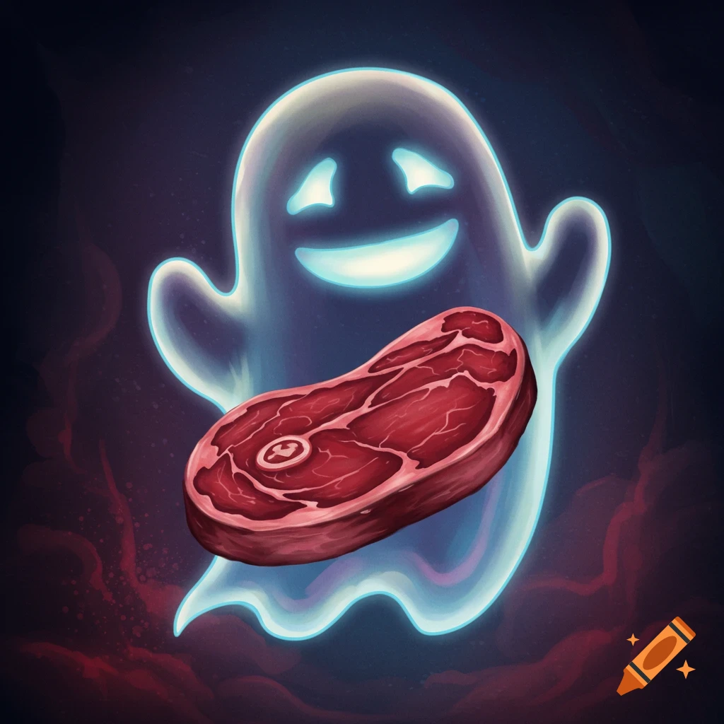 A cartoon ghost holds a raw steak.
