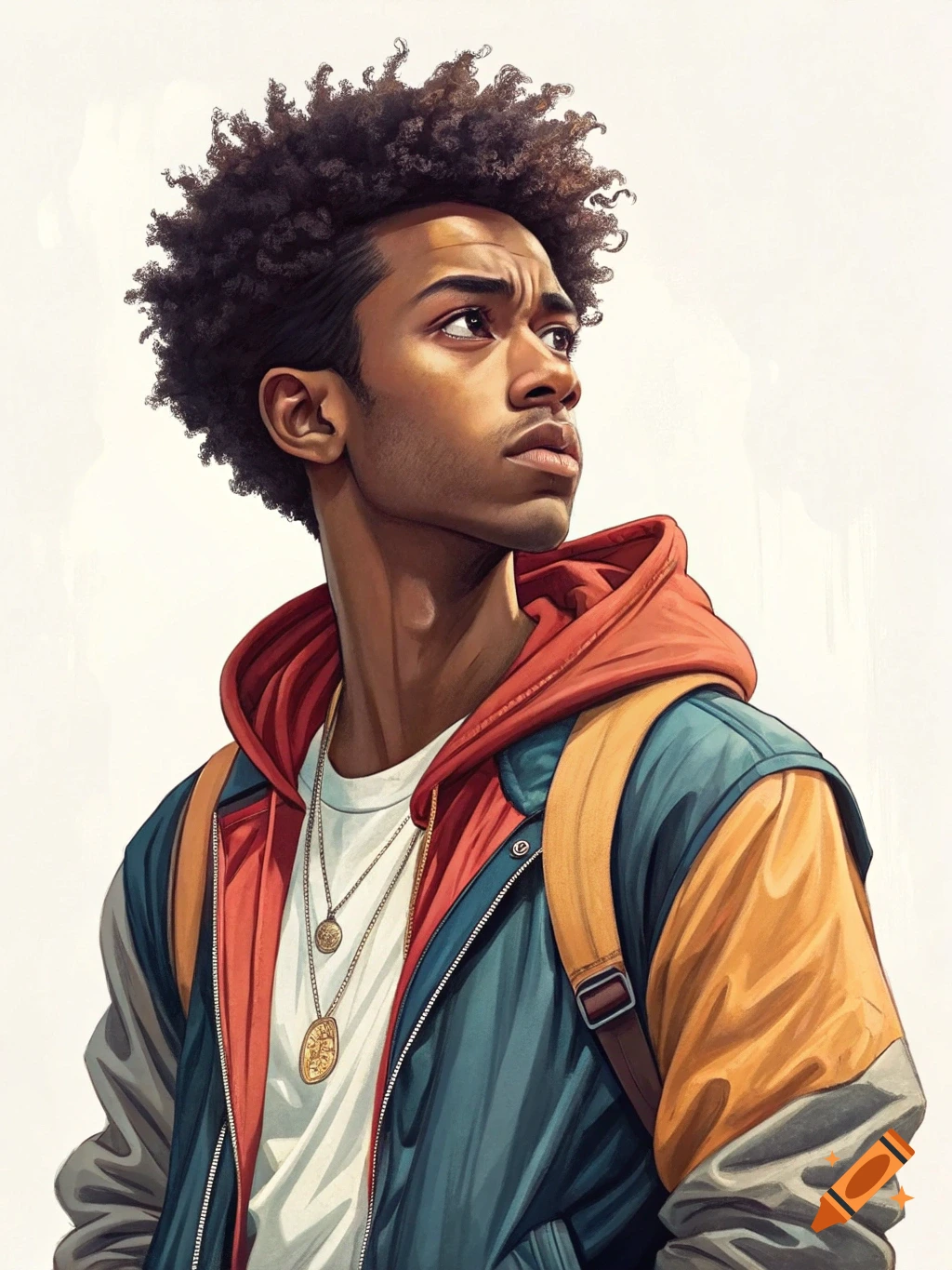 A stylized portrait illustration of a young Black man wearing a jacket and backpack, looking away.