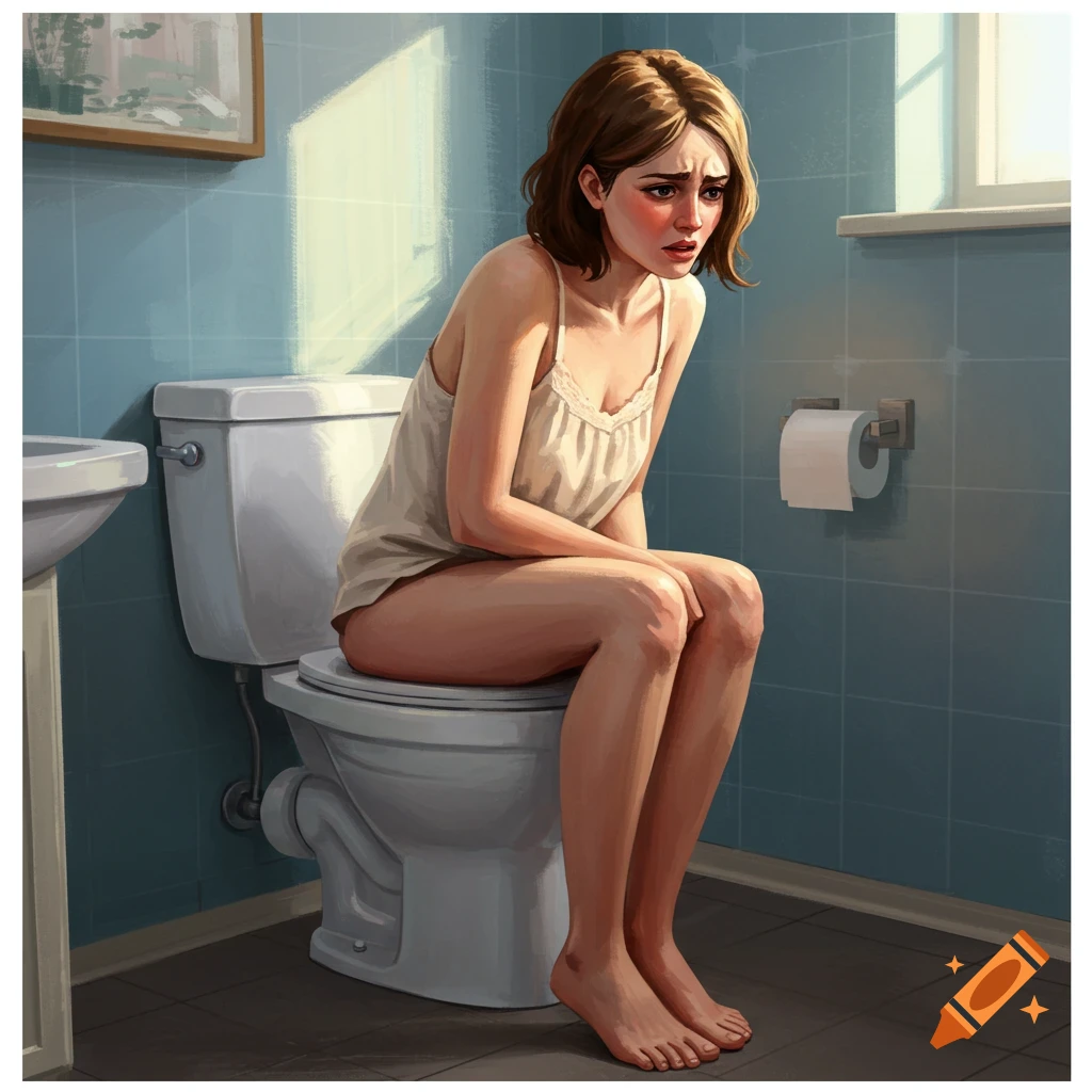 Image of a distressed woman sitting on a toilet in a bathroom.