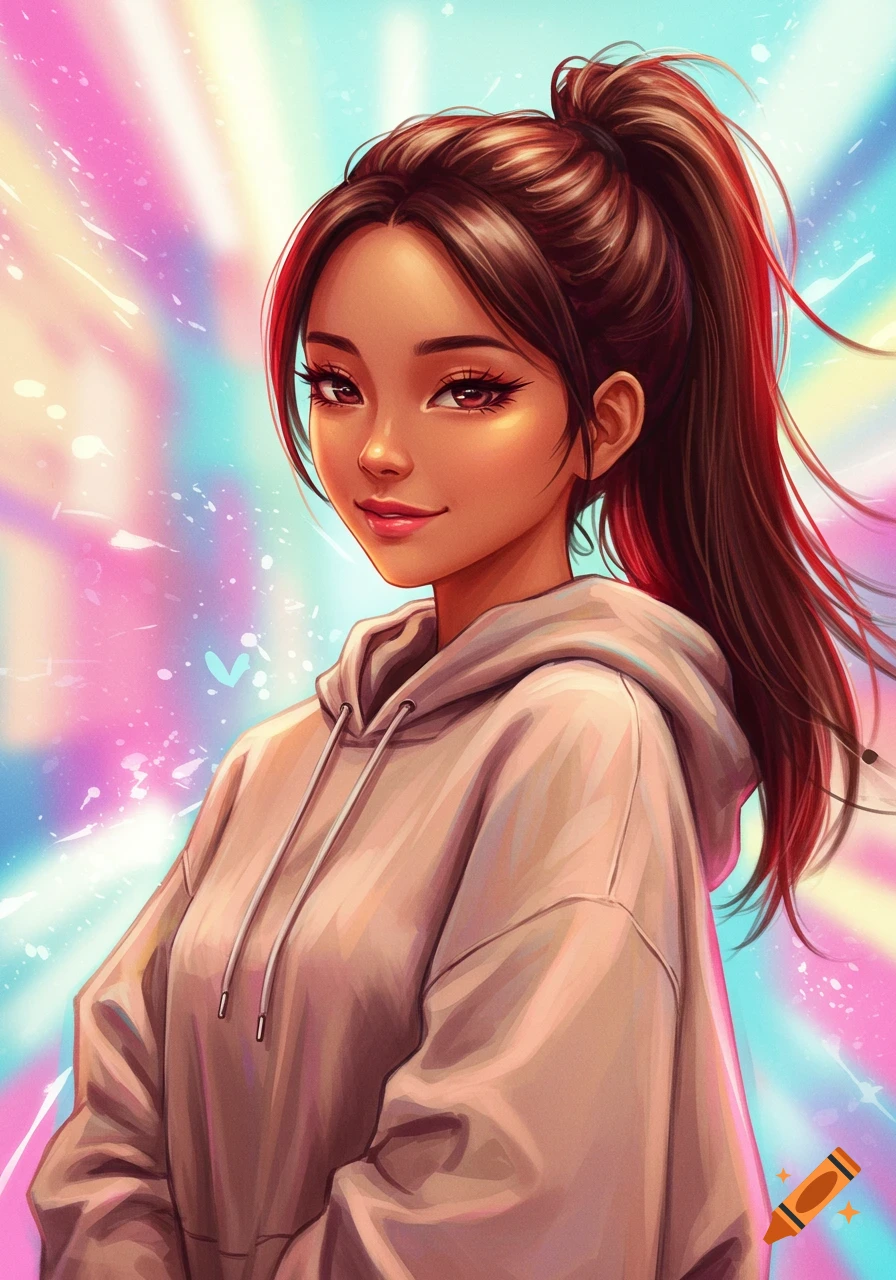 A girl with a ponytail and hoodie is shown against a colorful background.