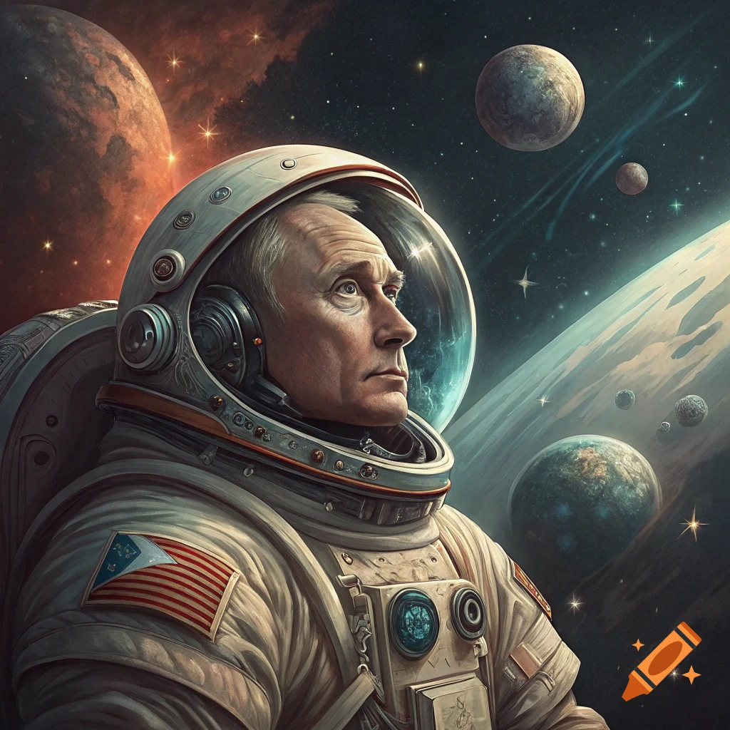 Portrait of Vladimir Putin in a space suit looking up in space with planets and stars.