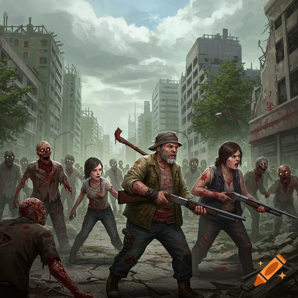 Survivors fight hordes of zombies in a ruined city street.
