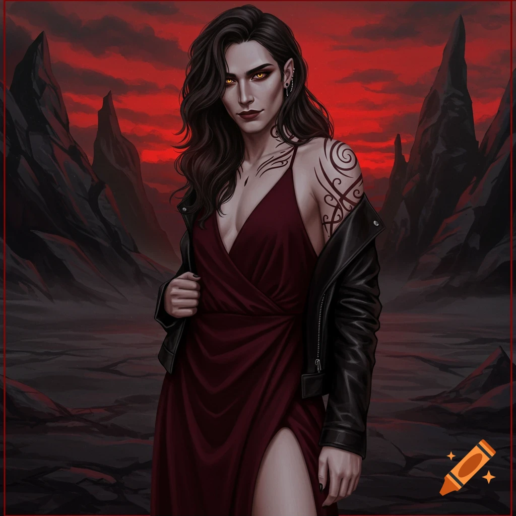 A dark-haired woman with glowing eyes, tattoos, a red dress, and a leather jacket is in a rocky red landscape.