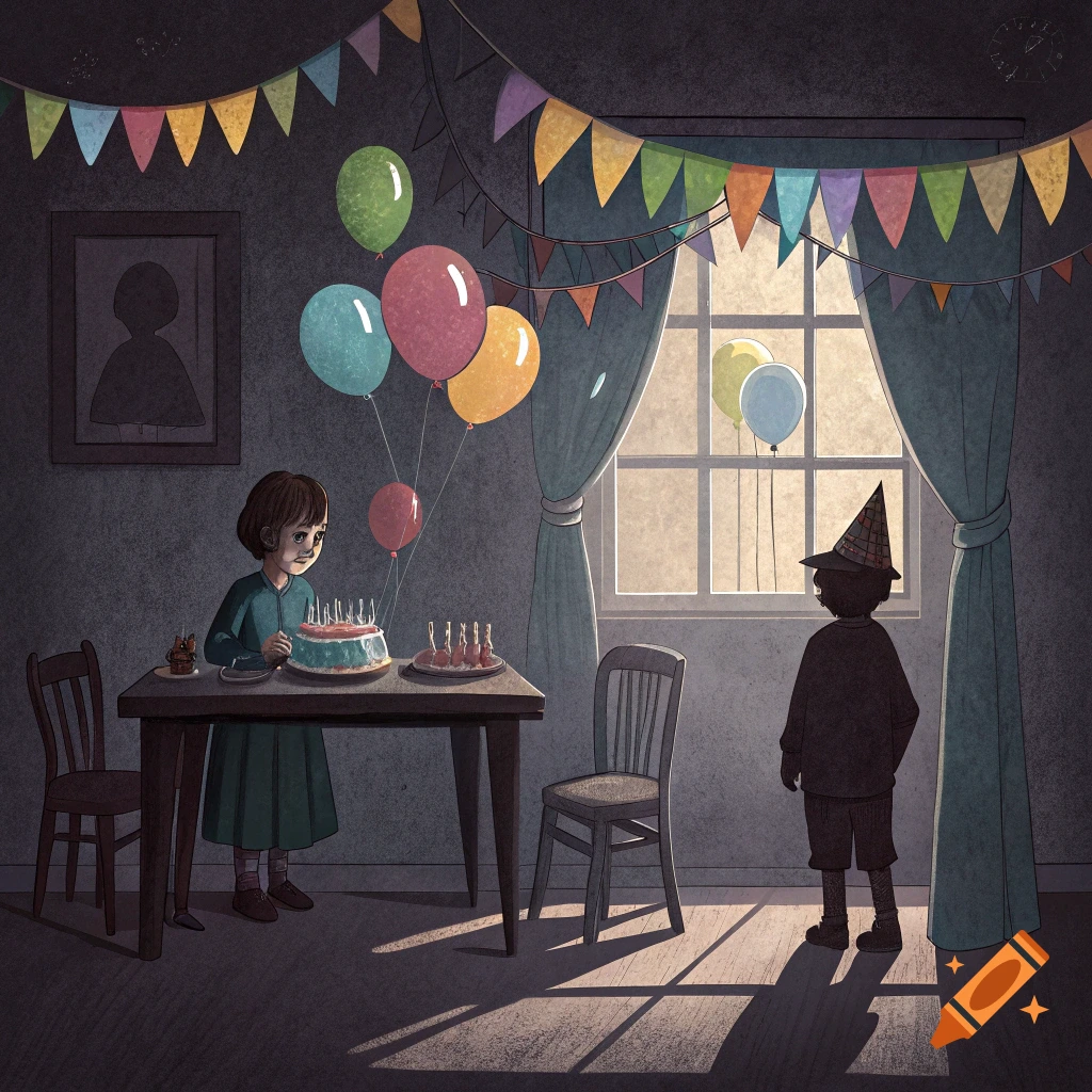 An illustration of a dimly lit room decorated for a birthday party, with a child standing at a table with a cake and another child with a party hat looking out a window.