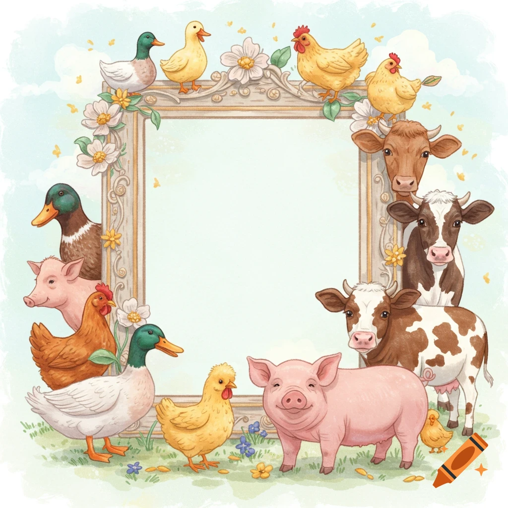 Watercolor illustration of a frame surrounded by farm animals including ducks, chickens, pigs, and cows.