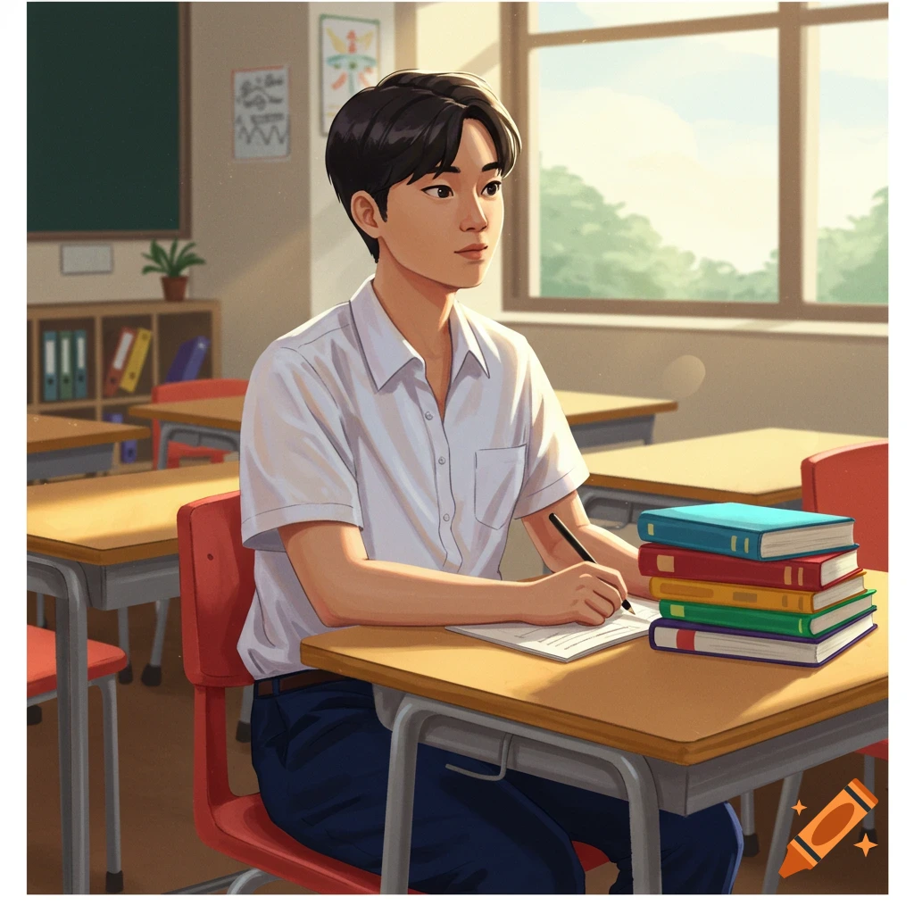 A student sitting at a desk in a classroom with books.