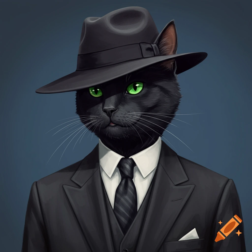 A black cat in a suit and fedora hat.