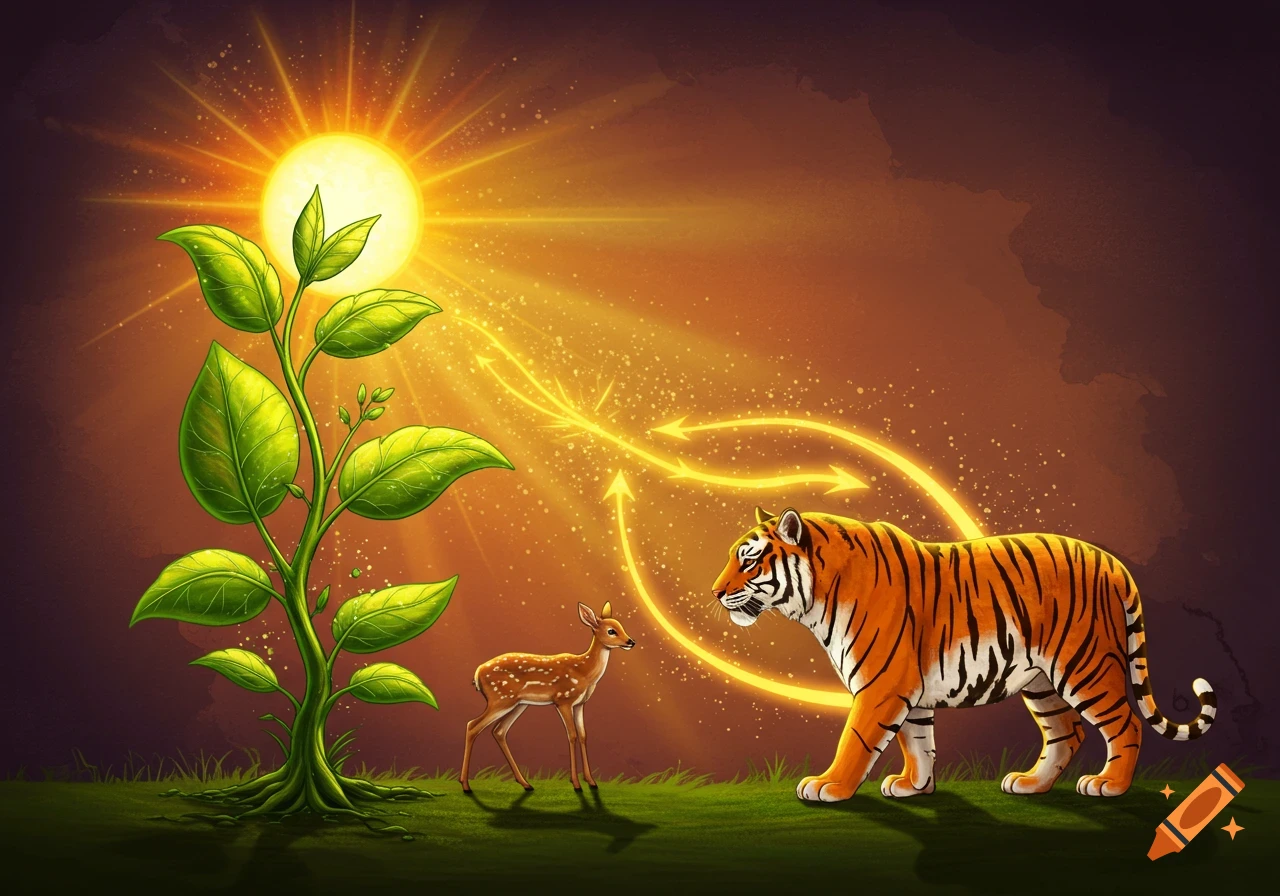 Plant, deer, tiger, and sun connected by glowing energy arrows in an ecosystem.