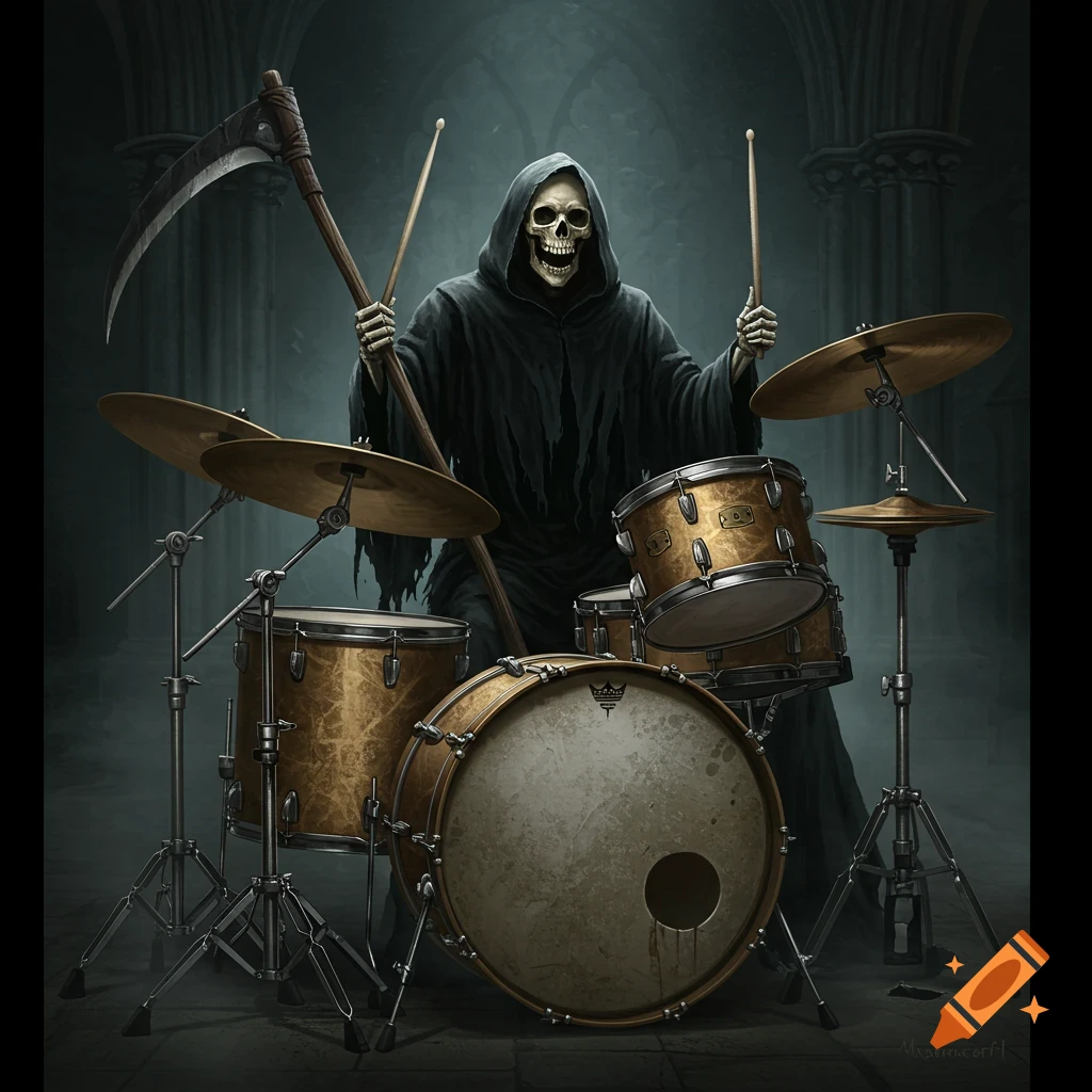 The Grim Reaper is playing a drum set in a gothic hall.