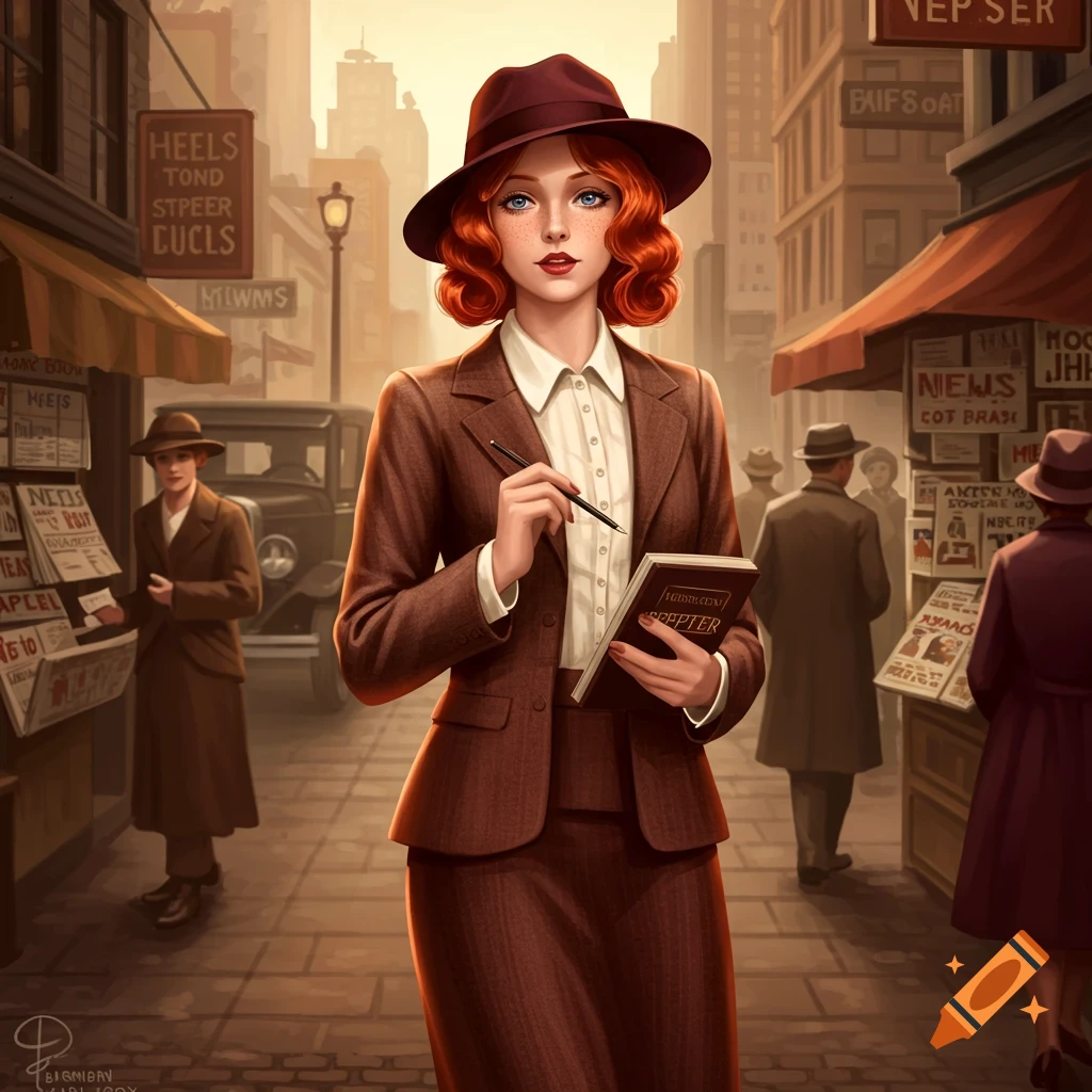 Red-haired female reporter in a brown suit standing on a 1920s city street, holding a book and pen.