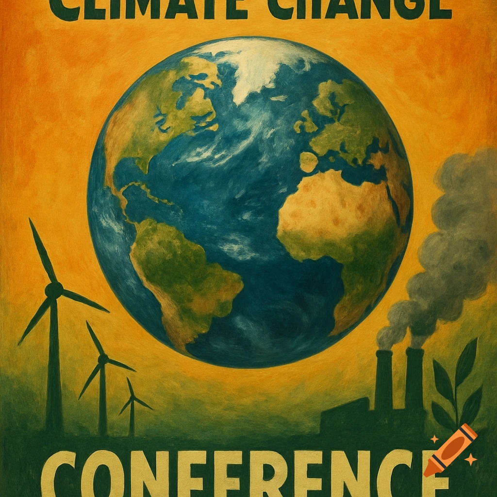 A poster illustration depicts Earth, wind turbines, factory chimneys, and text 'Climate Change Conference'.