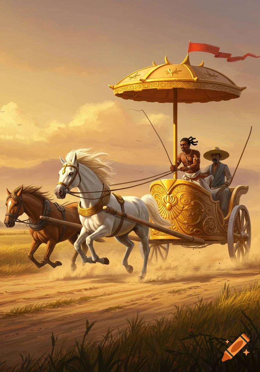 A golden chariot pulled by two horses with two people, riding on a dirt road at sunset.