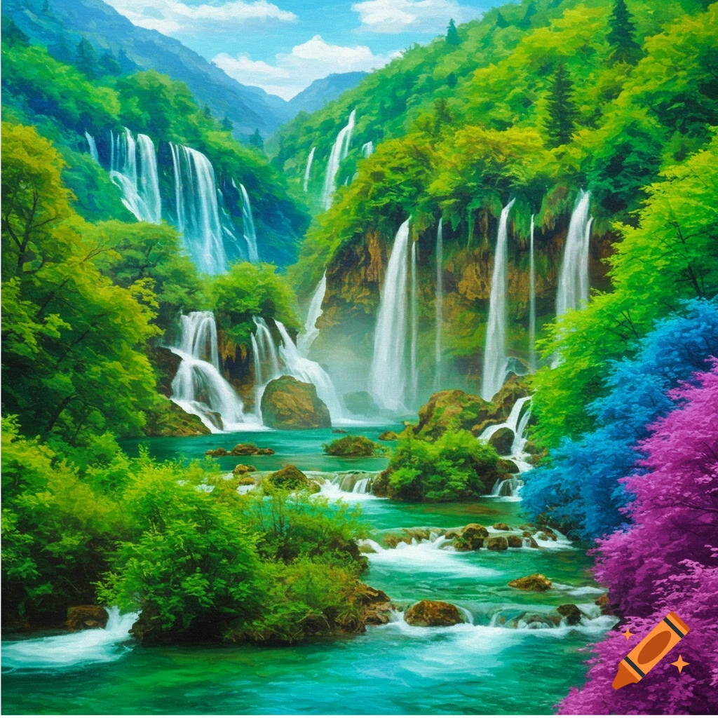 Painting of multiple waterfalls cascading down lush green mountains into a vibrant river with colorful foliage.